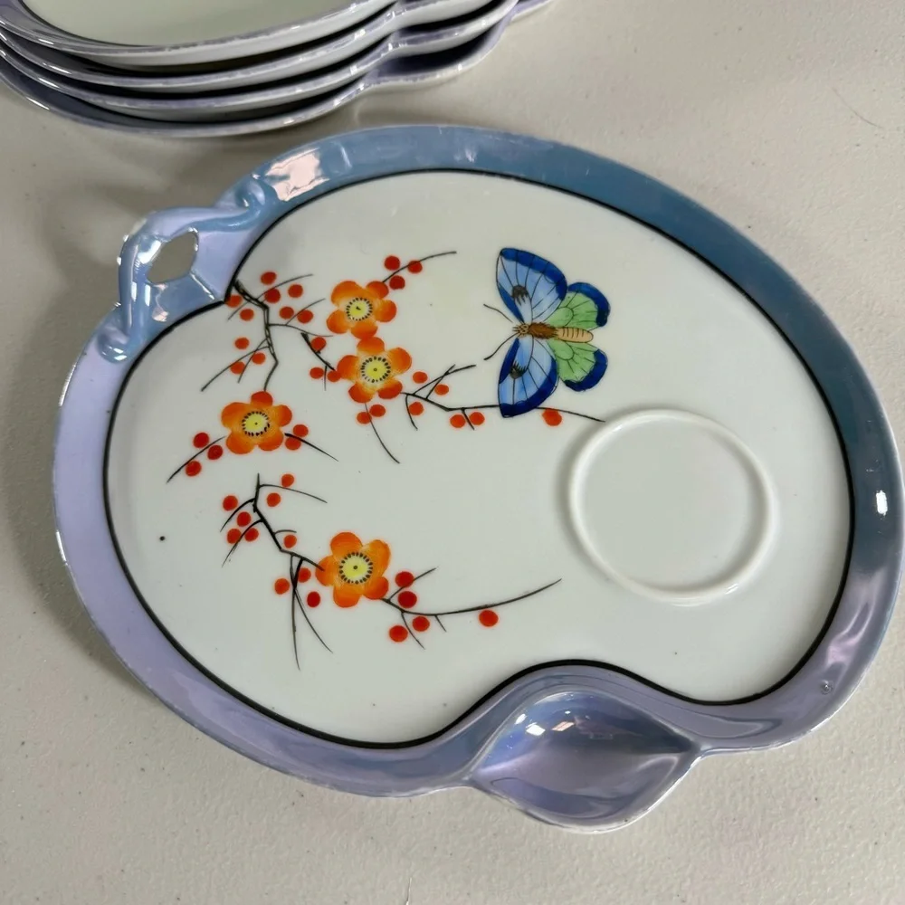 vintage Japanese porcelain plates SEIEI Co handpainted floral butterfly 5pc